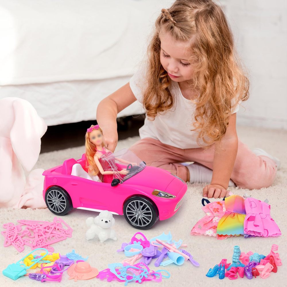 TDDS9 78 Pcs 11.5 Inch Doll Rose Convertible Toy Car Playset, Toys for Kids Including 11.5 In Girl Dolls, Toy Car, 1 Fancy Dress, 3 Regular Dress, 1 Fashion Dress, 71 Doll Accessories