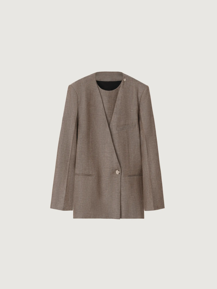 OVERSIZED SINGLE-BREASTED LINEN BLAZER IN MELANGE BROWN