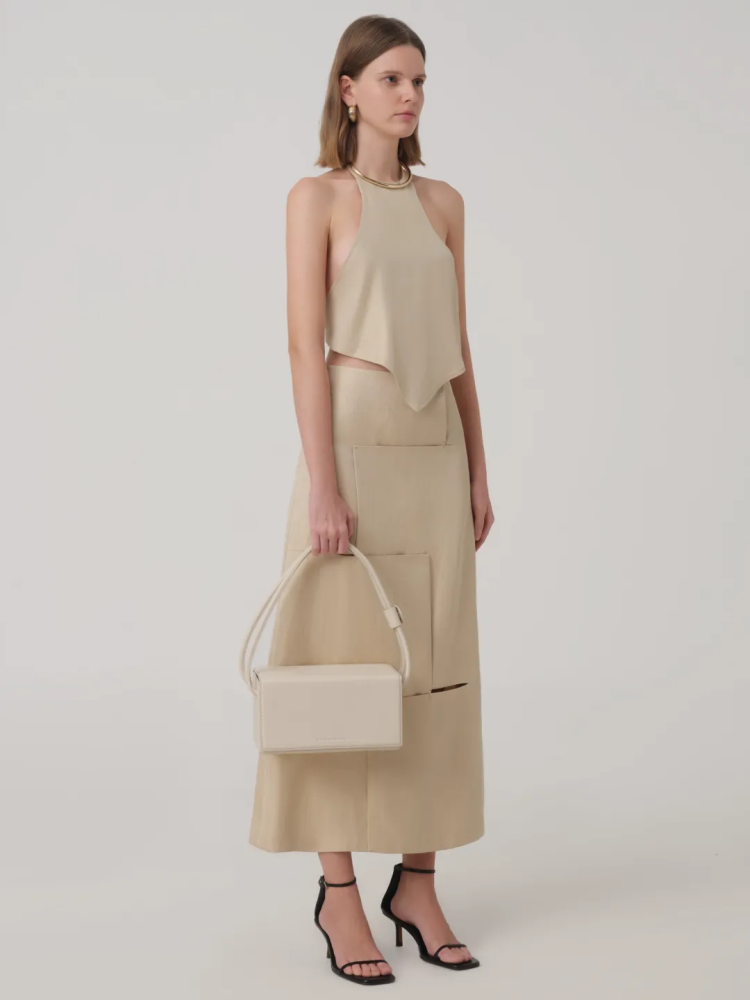 CUT-OUT LINEN MIDI SKIRT