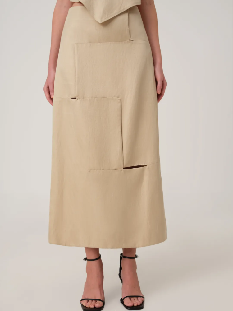 CUT-OUT LINEN MIDI SKIRT