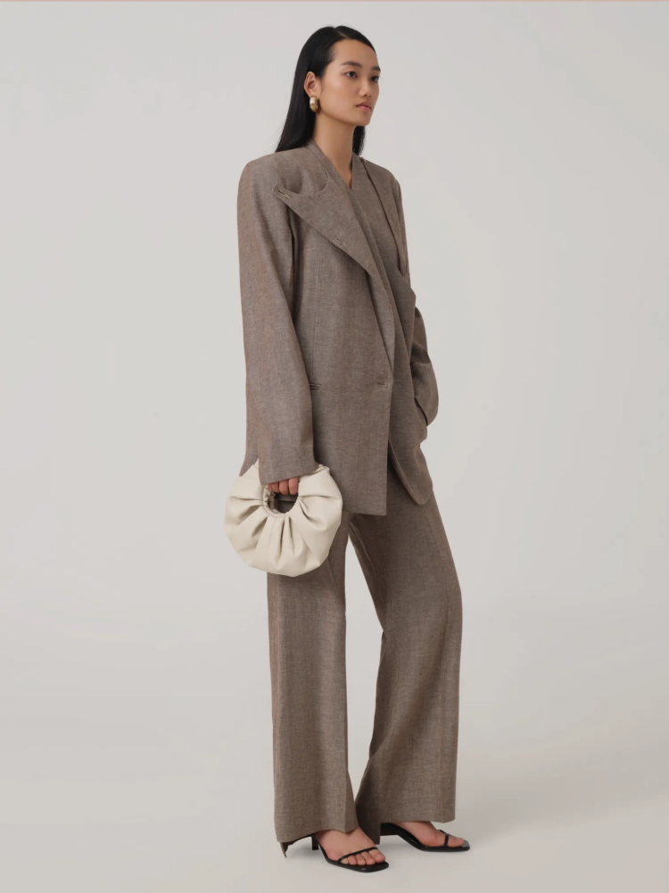 OVERSIZED SINGLE-BREASTED LINEN BLAZER IN MELANGE BROWN