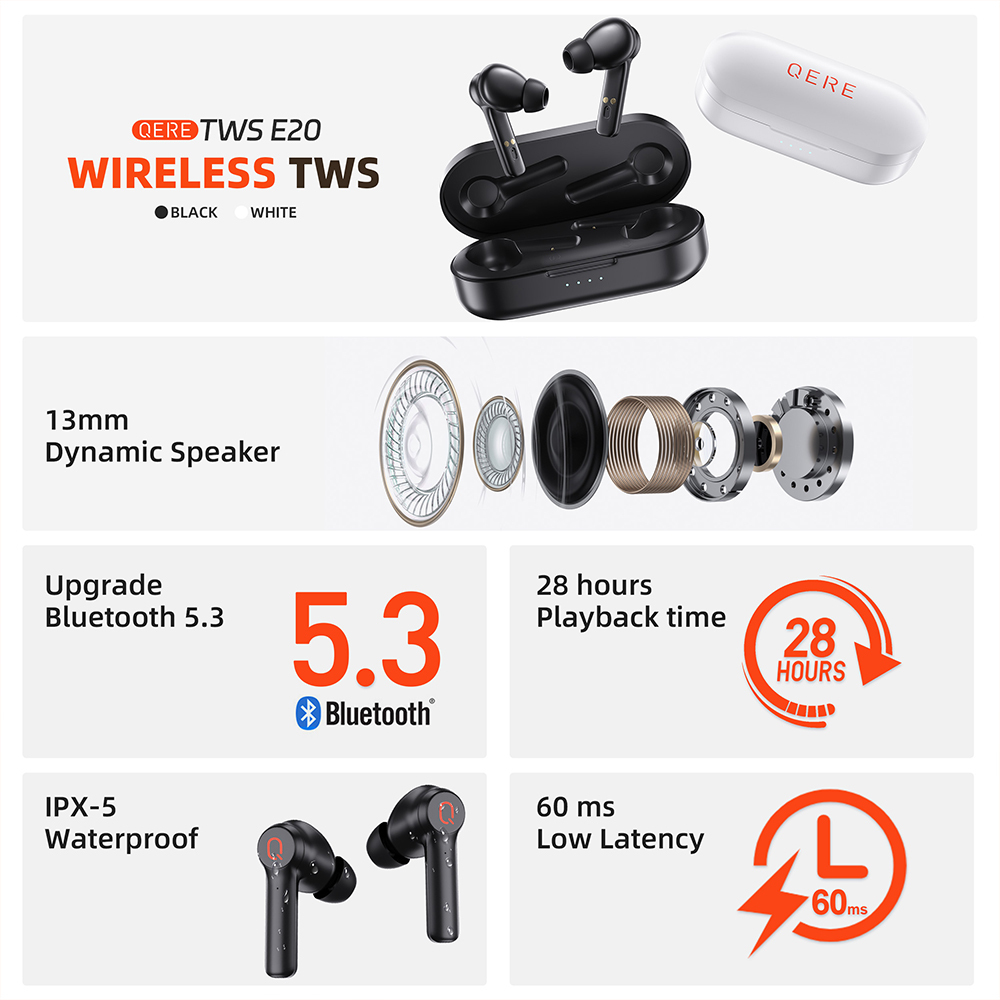 QERE E20 TWS True Stereo Waterproof In Ear Headset Wireless Headphones Wireless Earphones Earbud
