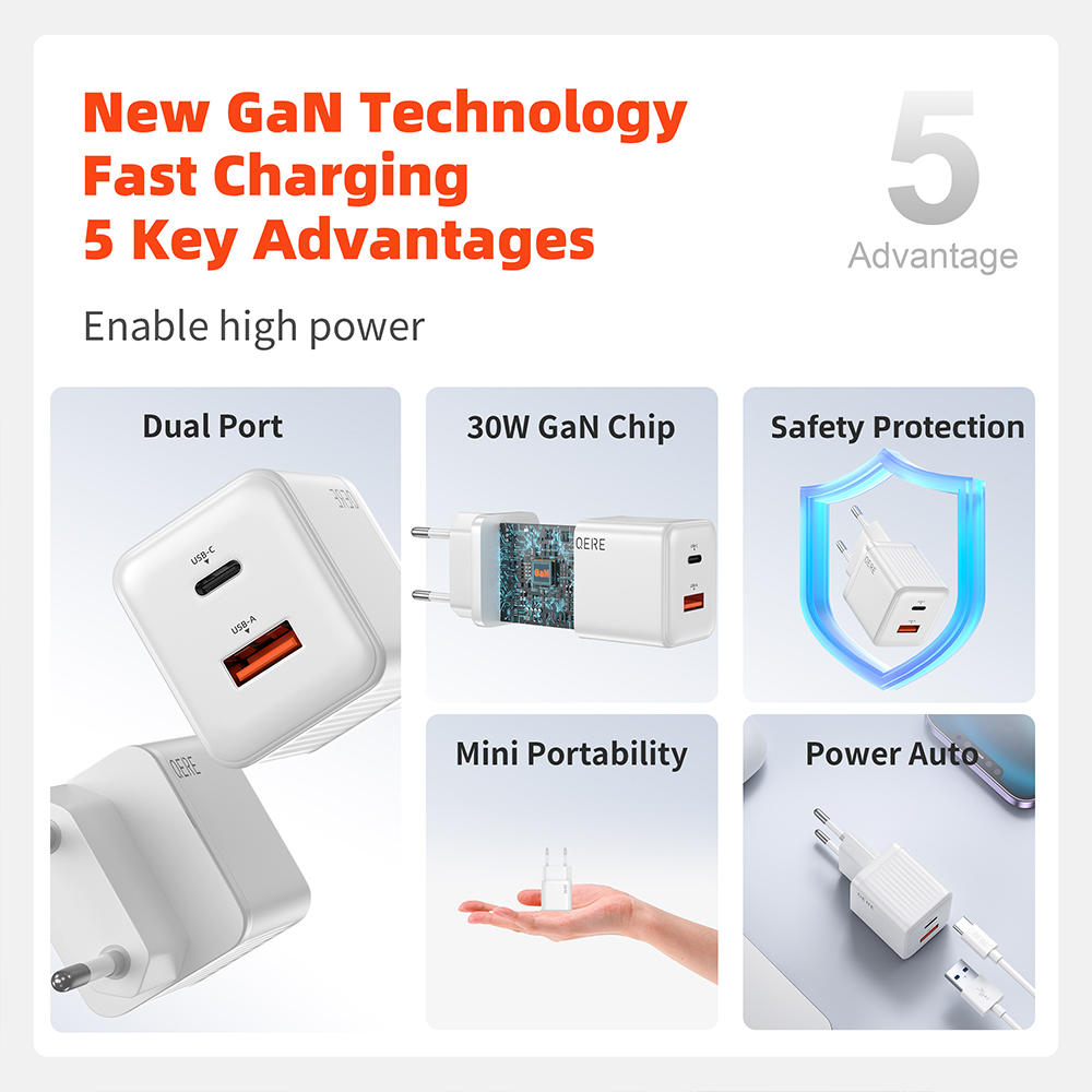 PD 30W GaN Phone Universal Adapters EU Plug Safe Type C USB Intelligent Fast Charging Mini Portable Fast Charger