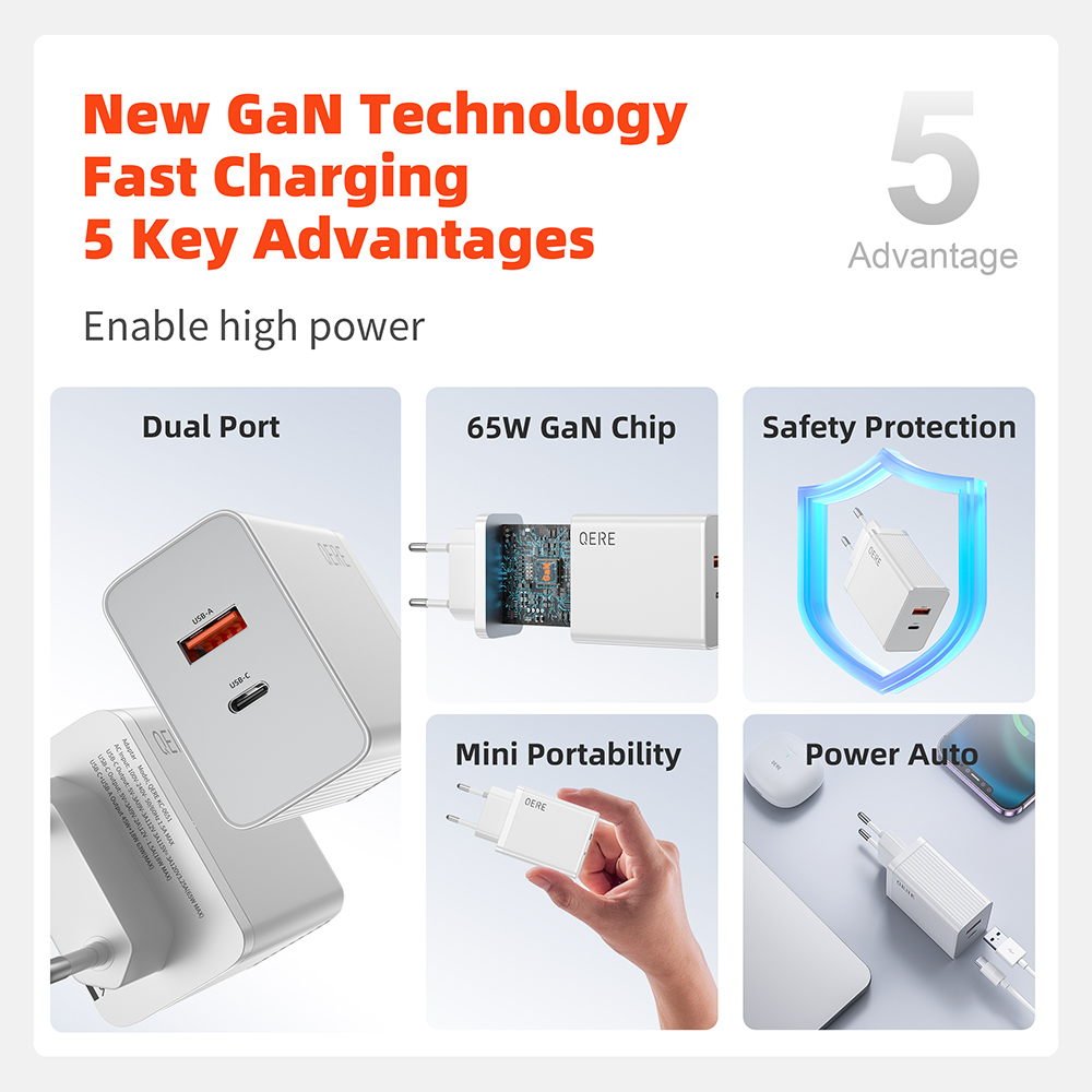 PD 65W GaN Phone Universal Adapters EU Plug Safe Type C USB Intelligent Fast Charging Mini Portable Fast Charger