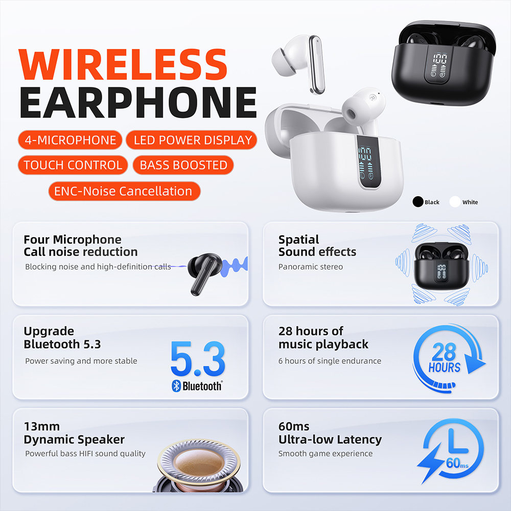 QERE E50 Four-Microphone ENC TWS Headphone Wireless Earphone Earbud Gaming In-Ear Headphones Earphone Bluetooth Earphone