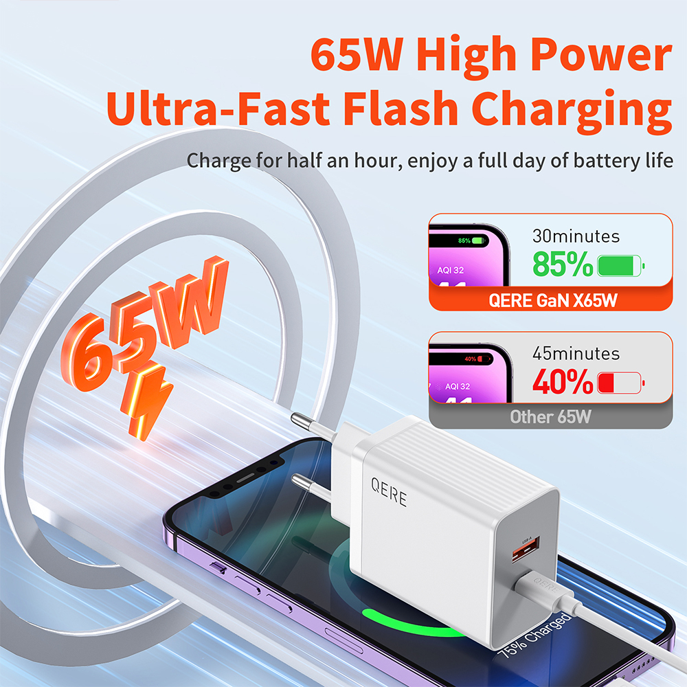 PD 65W GaN Phone Universal Adapters EU Plug Safe Type C USB Intelligent Fast Charging Mini Portable Fast Charger