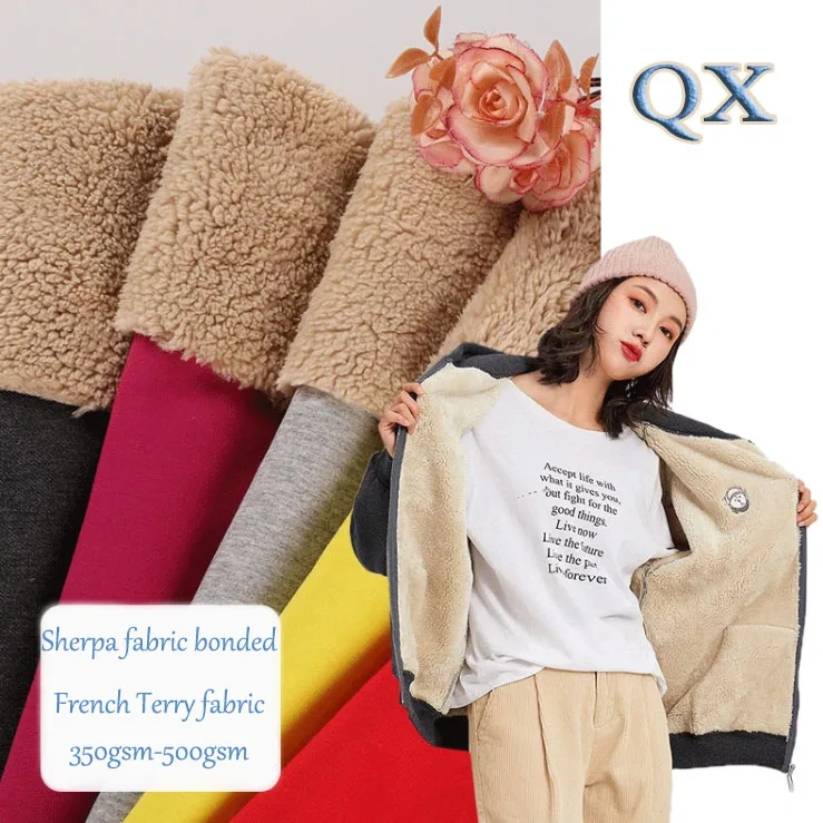 100% polyester softshell fleece fabric sherpa fabric bonded french terry fabric for jacket sj#
