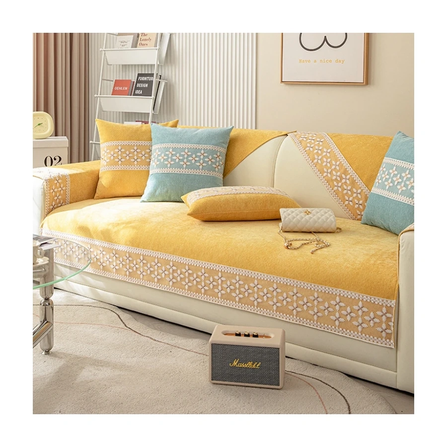 Bohemian Style Design Embroidered florals Pattern Sofa Cover Chenille Washable And Anti Slip Sofa Cover For Sectional Sofa
