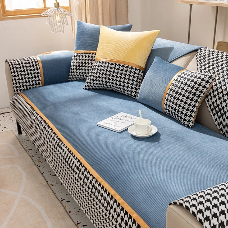 Classic houndstooth design printed chenille sofa cover for sectional sofa