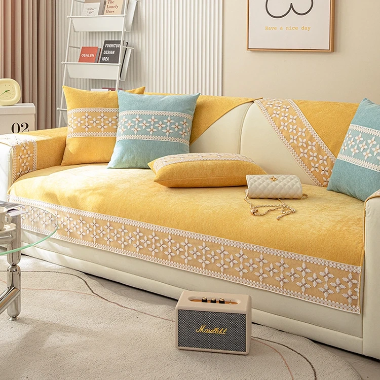 Bohemian Style Design Embroidered florals Pattern Sofa Cover Chenille Washable And Anti Slip Sofa Cover For Sectional Sofa