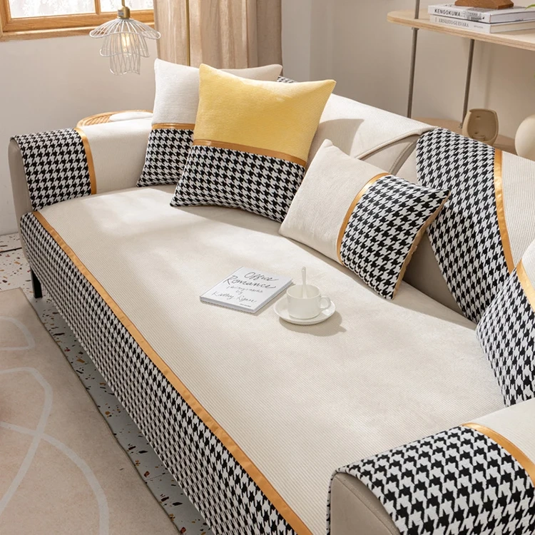 Classic houndstooth design printed chenille sofa cover for sectional sofa