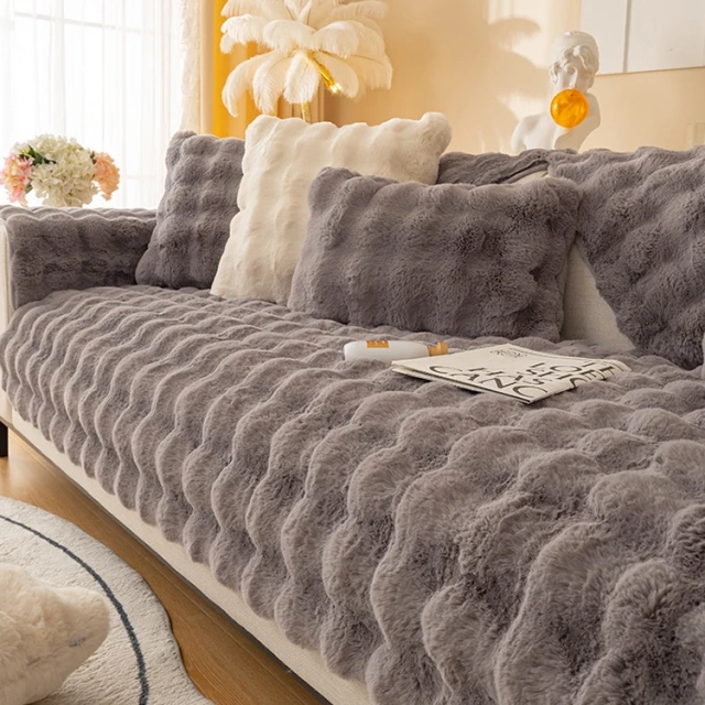 Machine washable cosy plush non-slip rabbit fur sofa cover set