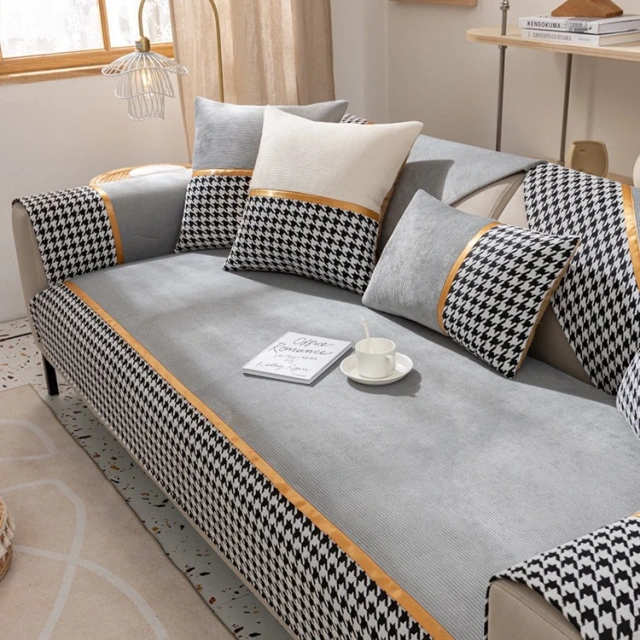 Classic houndstooth design printed chenille sofa cover for sectional sofa