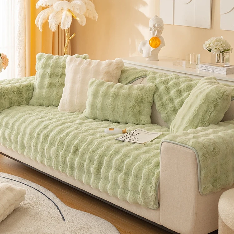 Machine washable cosy plush non-slip rabbit fur sofa cover set