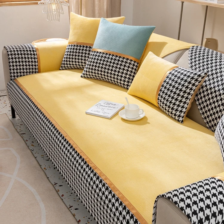 Classic houndstooth design printed chenille sofa cover for sectional sofa