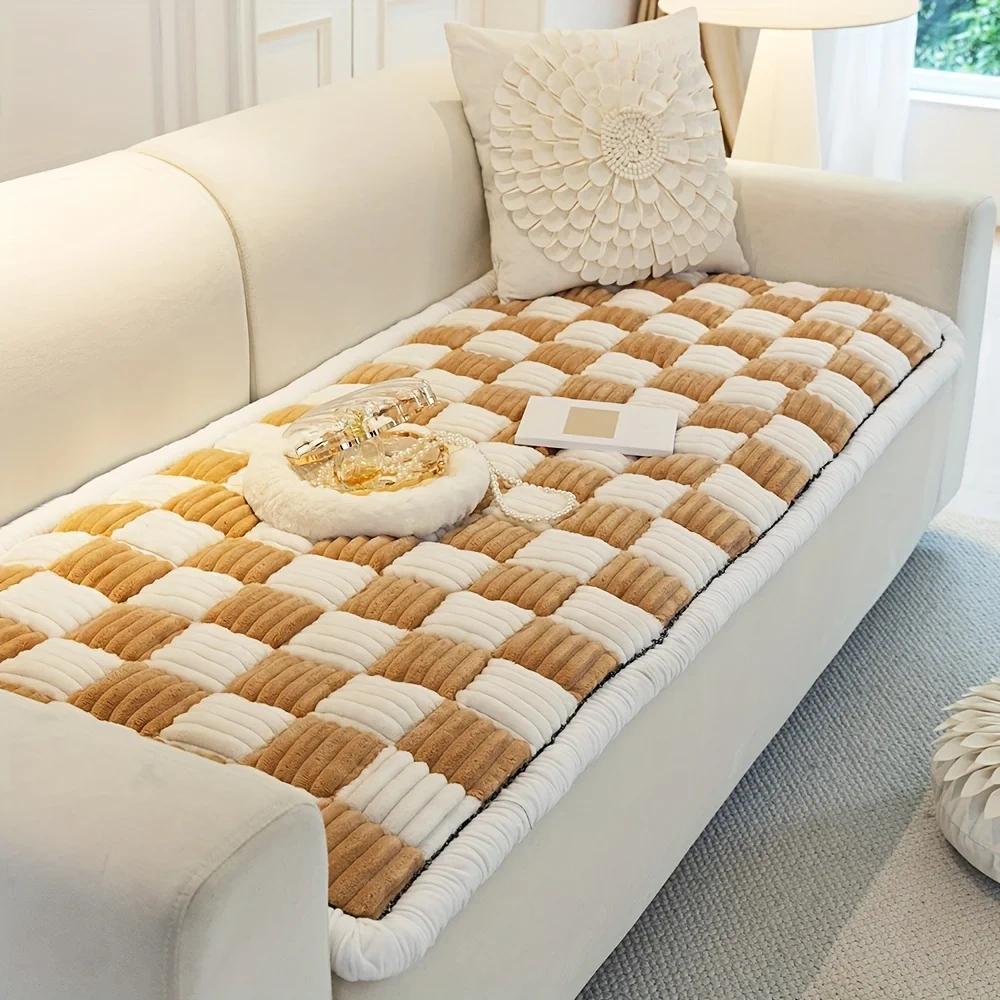 Handmade Stitching Sofa Cushion Protective Couch Cover Cream-Coloured Large Plaid Square Pet Mat Bed Couch Cover Tatami Mat
