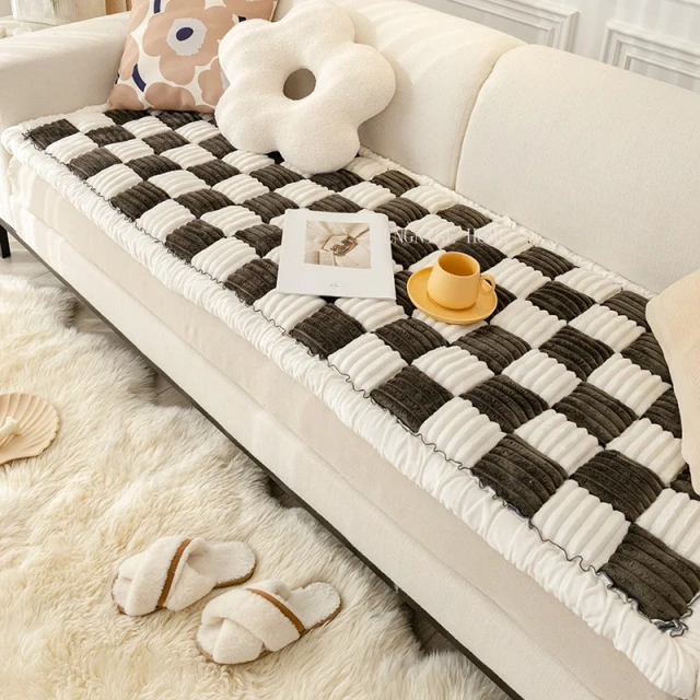 Handmade Stitching Sofa Cushion Protective Couch Cover Cream-Coloured Large Plaid Square Pet Mat Bed Couch Cover Tatami Mat