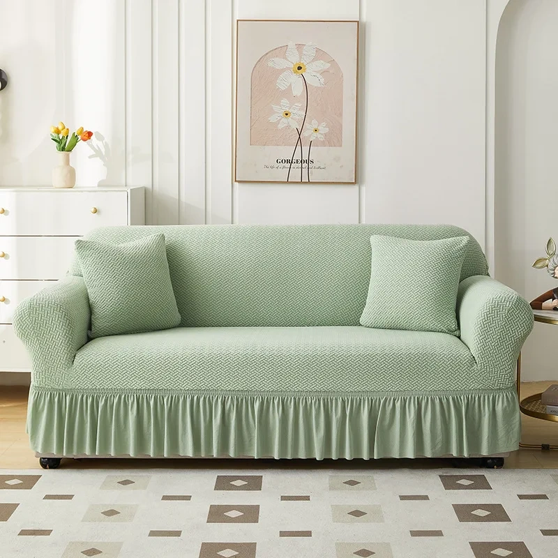 Custom New Jacquard Skirt Sofa Cover, I Shape Elastic Stretch Slipcover Solid Sectional Non-slip  Sofa Covers with Skirt