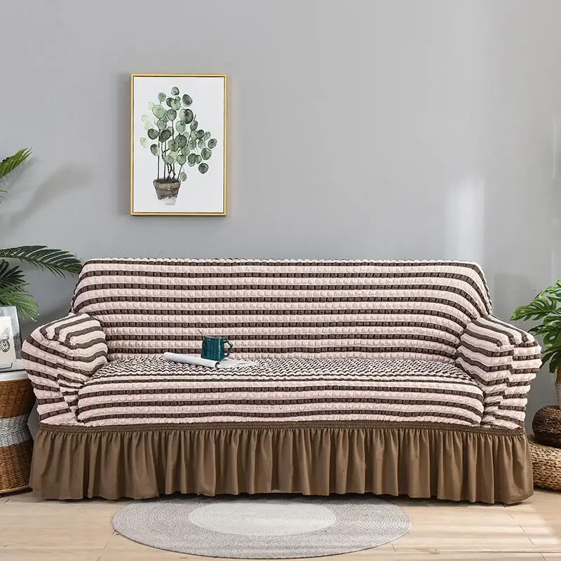 Solid Color Stretch Skirt Wingback Seersucker Plaid Stretch Armchair Sofa Chair Cover for Living Room