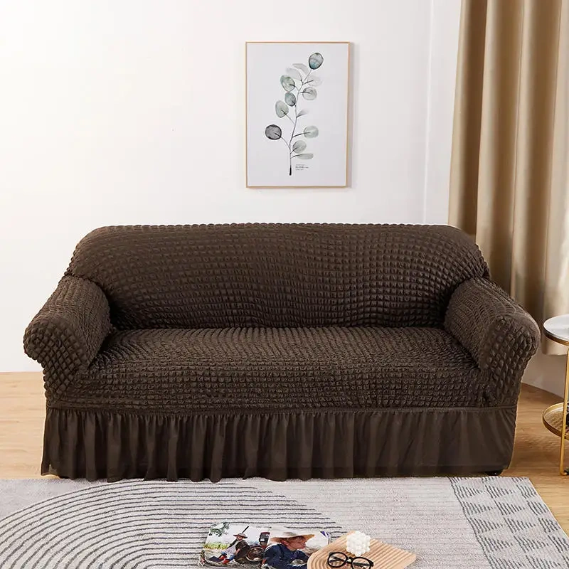 Living Room Solid Color Elastic Thickened Popcorn Seersucker Slipcover Plaid Stretch Full Lace Fabric Skirt Sofa Couch Cover