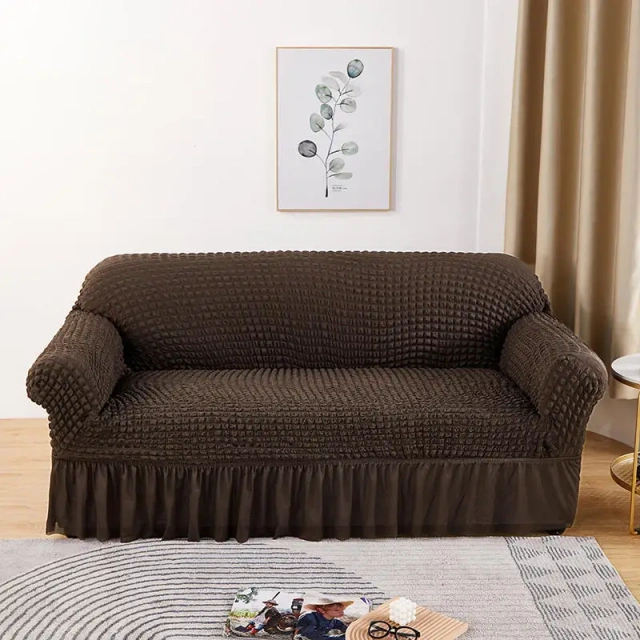 Living Room Solid Color Elastic Thickened Popcorn Seersucker Slipcover Plaid Stretch Full Lace Fabric Skirt Sofa Couch Cover