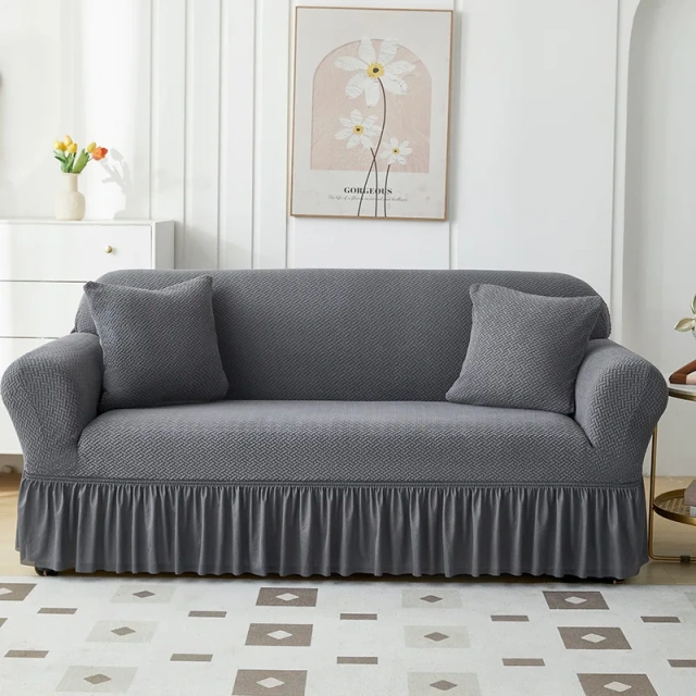 Custom New Jacquard Skirt Sofa Cover, I Shape Elastic Stretch Slipcover Solid Sectional Non-slip  Sofa Covers with Skirt