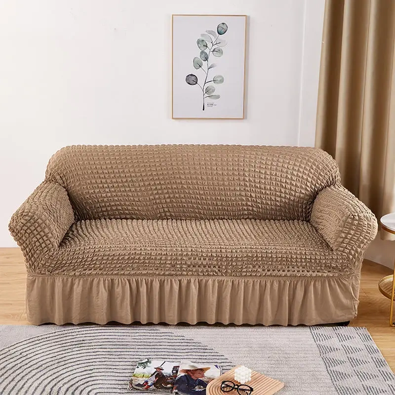 Living Room Solid Color Elastic Thickened Popcorn Seersucker Slipcover Plaid Stretch Full Lace Fabric Skirt Sofa Couch Cover