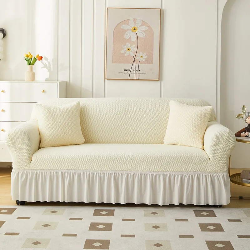 Custom New Jacquard Skirt Sofa Cover, I Shape Elastic Stretch Slipcover Solid Sectional Non-slip  Sofa Covers with Skirt