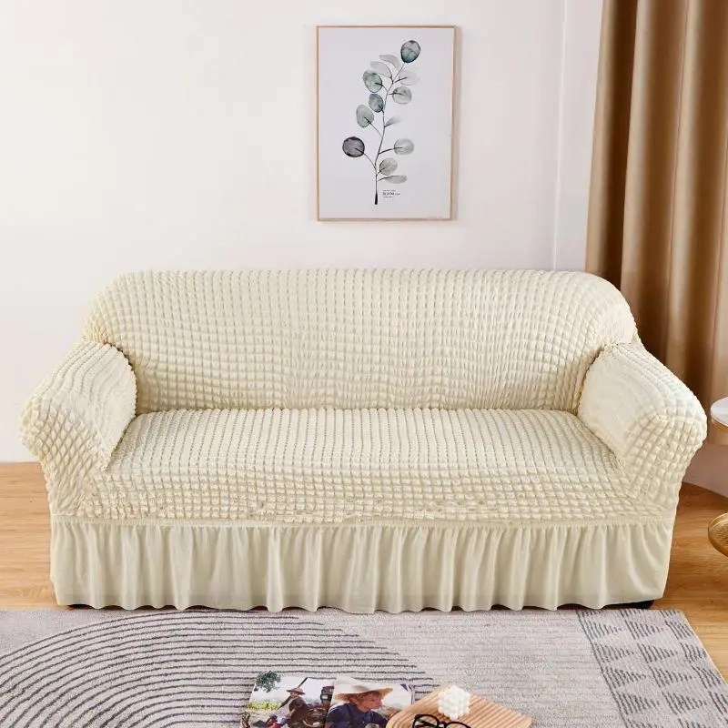 Living Room Solid Color Elastic Thickened Popcorn Seersucker Slipcover Plaid Stretch Full Lace Fabric Skirt Sofa Couch Cover