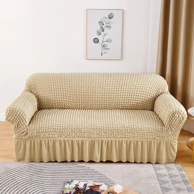 Living Room Solid Color Elastic Thickened Popcorn Seersucker Slipcover Plaid Stretch Full Lace Fabric Skirt Sofa Couch Cover