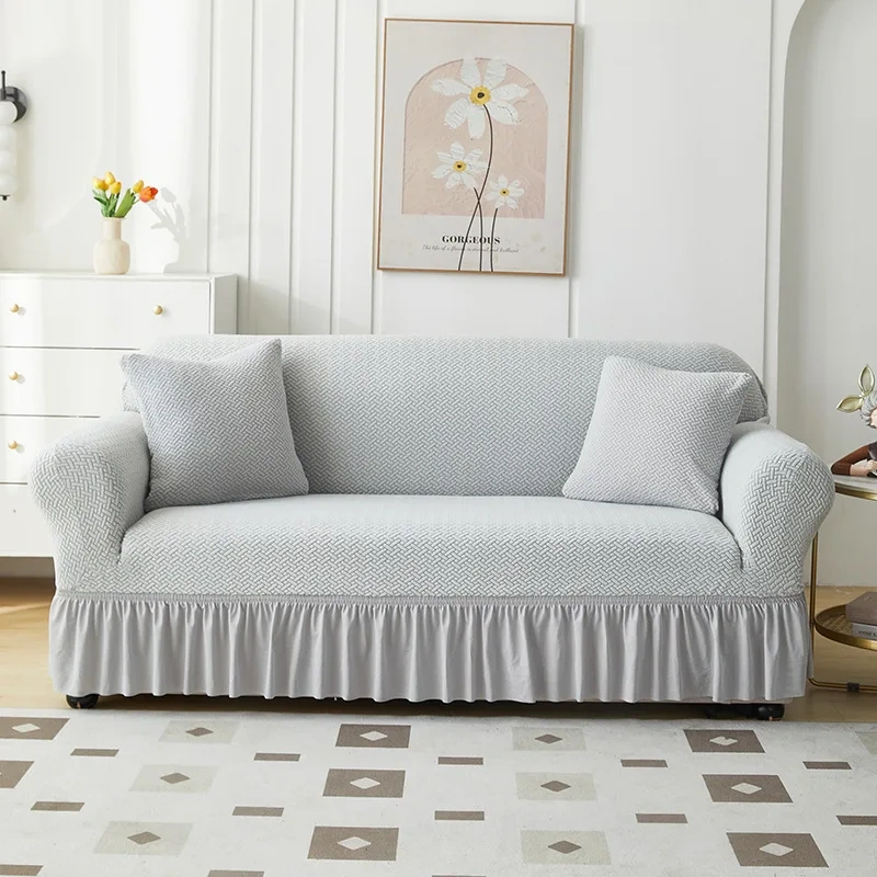 Custom New Jacquard Skirt Sofa Cover, I Shape Elastic Stretch Slipcover Solid Sectional Non-slip  Sofa Covers with Skirt