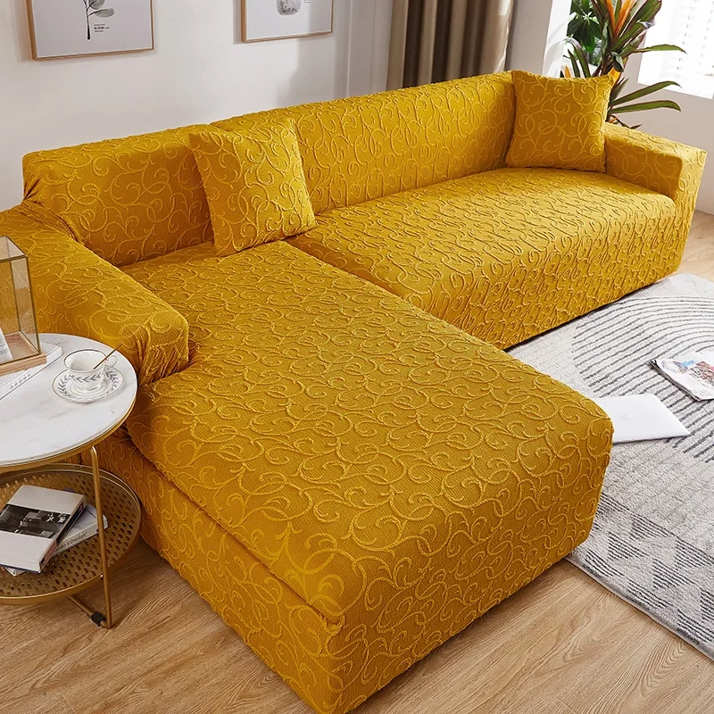 Luxury European Solid Color 3d Embossed Woven Jacquard Thicken All-inclusive Corner Slipcover Stretch Fabric L Shape Sofa Cover