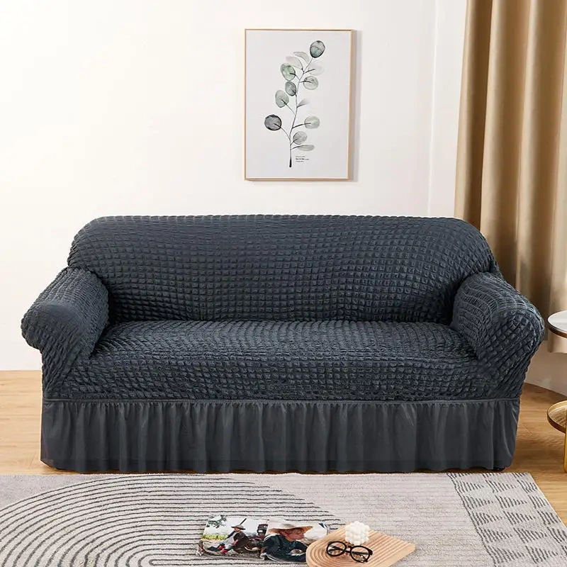 Living Room Solid Color Elastic Thickened Popcorn Seersucker Slipcover Plaid Stretch Full Lace Fabric Skirt Sofa Couch Cover