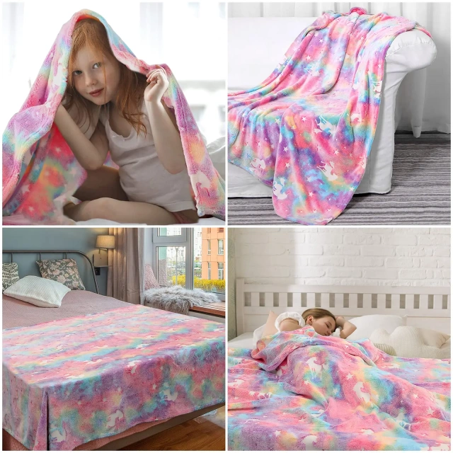 Manufacture Custom Flannel Luminous Throw Blanket  Rainbow Unicorn Magic Baby Blanket  Kids Glow In The Dark Blanket