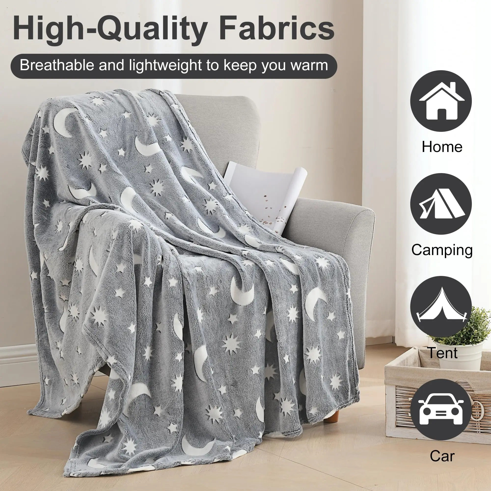 Custom Plush Luminous Glow In The Dark Cartoon Grey Moon Star  Flannel Fleece Throw blanket