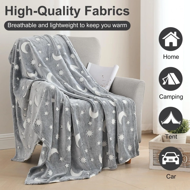 Custom Plush Luminous Glow In The Dark Cartoon Grey Moon Star  Flannel Fleece Throw blanket