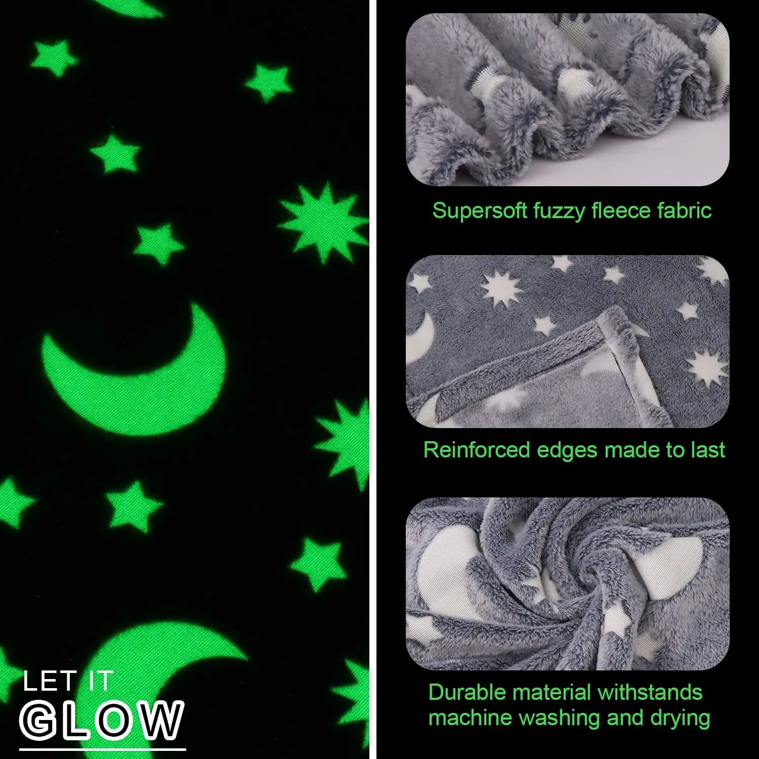 Custom Plush Luminous Glow In The Dark Cartoon Grey Moon Star  Flannel Fleece Throw blanket
