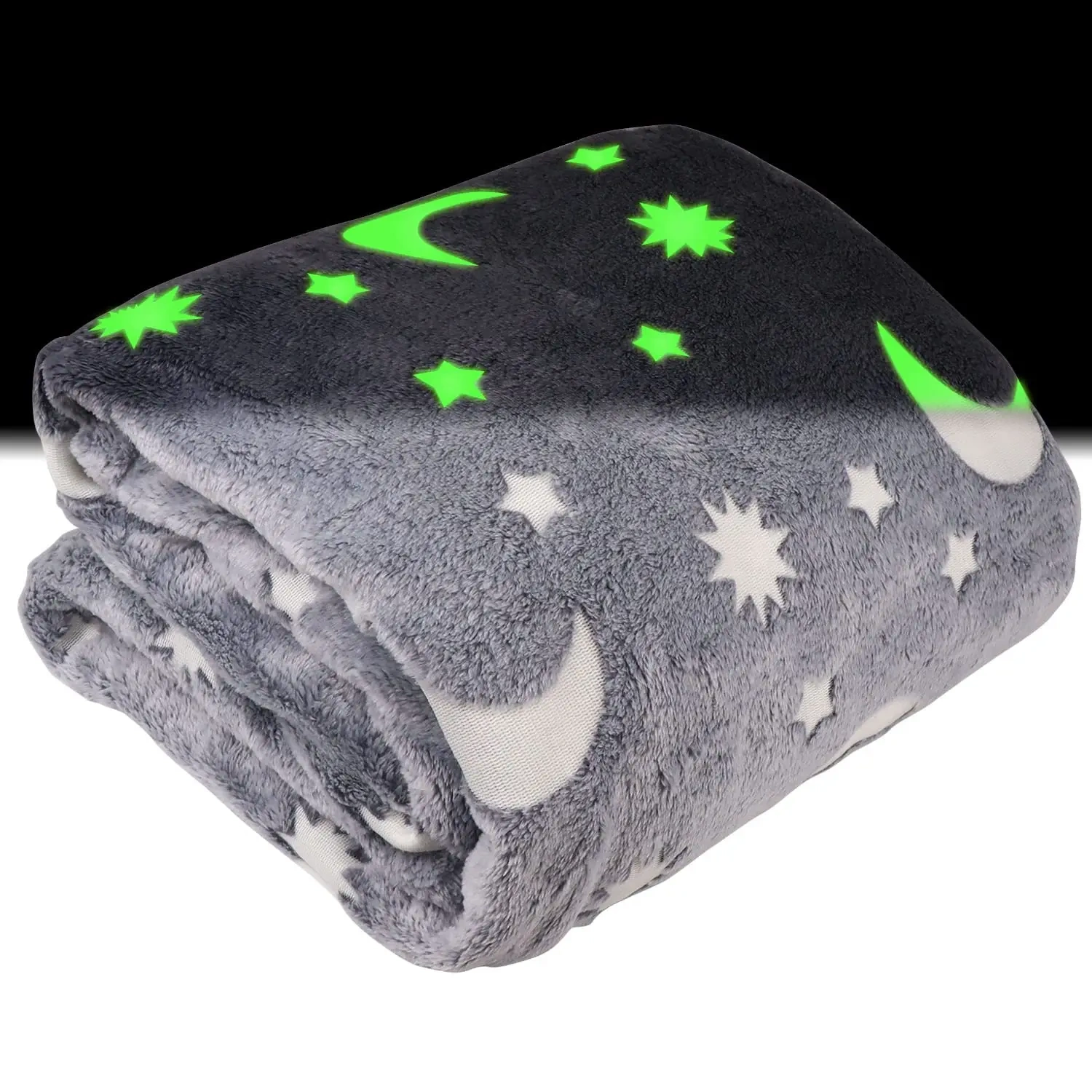 Custom Plush Luminous Glow In The Dark Cartoon Grey Moon Star  Flannel Fleece Throw blanket