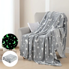Custom Plush Luminous Glow In The Dark Cartoon Grey Moon Star  Flannel Fleece Throw blanket