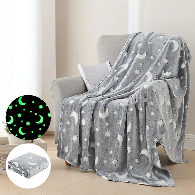 Custom Plush Luminous Glow In The Dark Cartoon Grey Moon Star  Flannel Fleece Throw blanket