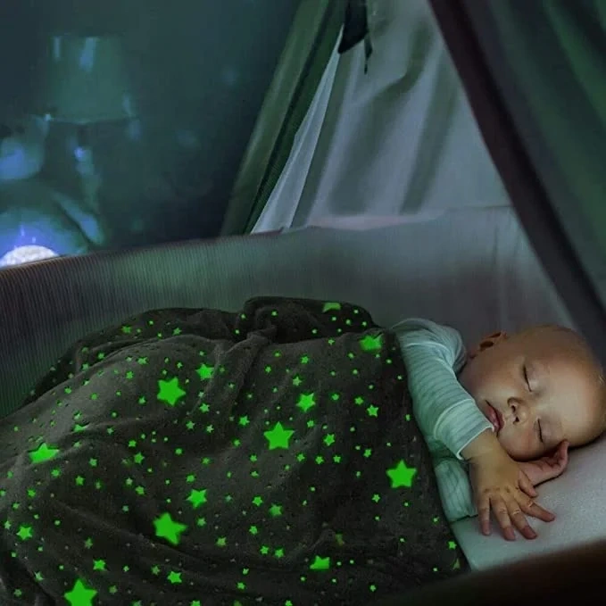 Hot selling glowing plaid fleece blanket shining in night kids luminous star featuring light blankets bright