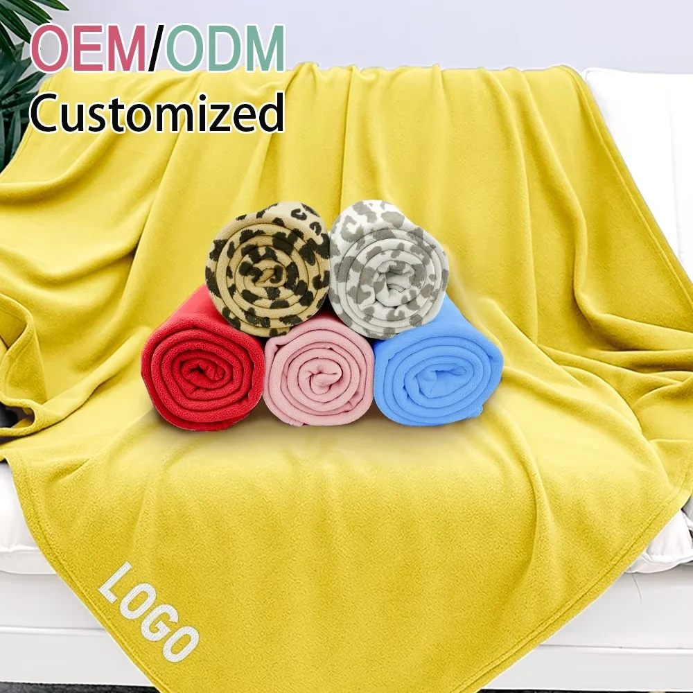 Wholesale Polar Fleece Customized Travel Throws Blanket  mink LOGO Two Side Brush Solid Color Printed Promotion Gift Blanket
