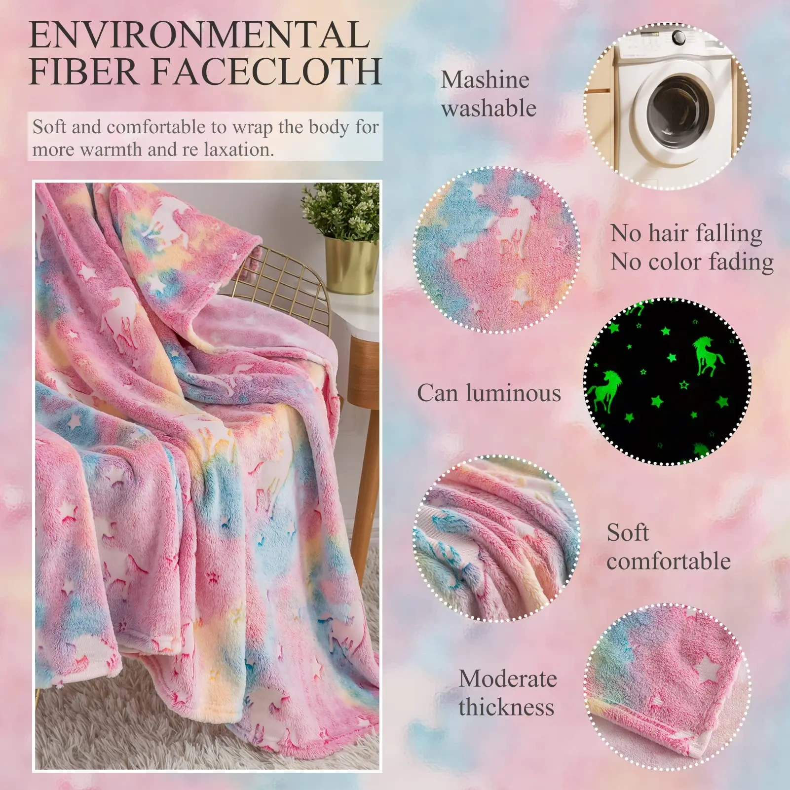 Manufacture Custom Flannel Luminous Throw Blanket  Rainbow Unicorn Magic Baby Blanket  Kids Glow In The Dark Blanket