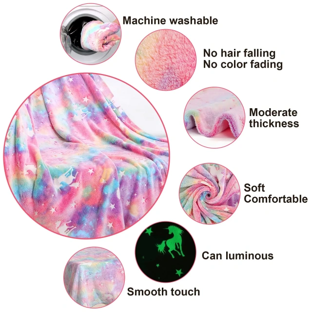 Manufacture Custom Flannel Luminous Throw Blanket  Rainbow Unicorn Magic Baby Blanket  Kids Glow In The Dark Blanket
