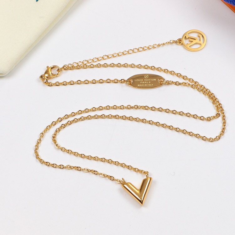 LV Designer High Quality Fashion Jewelry Lady Steel Golden Women's Necklaces with V Letter Pendant