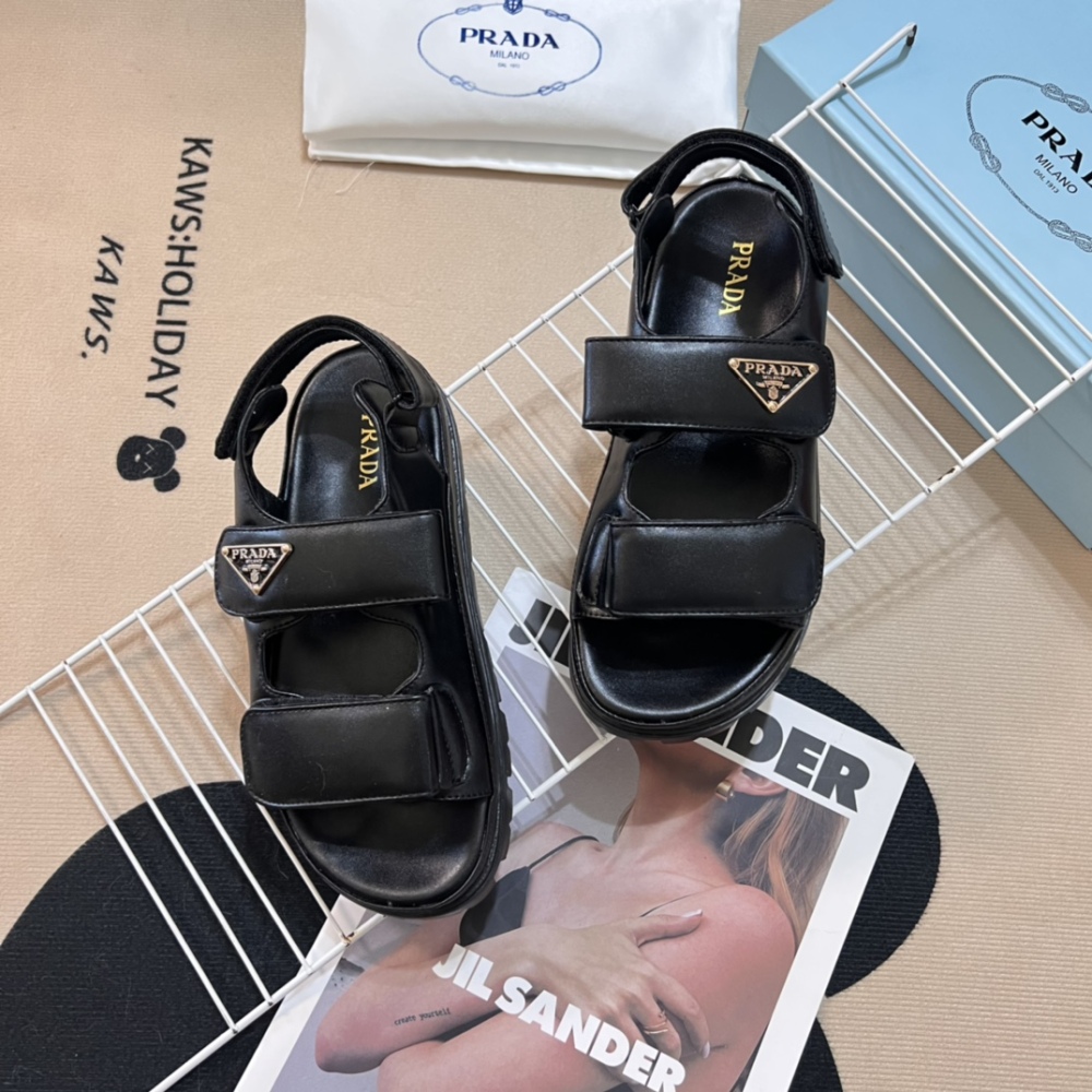 PRA 2024 Designer Women's Sandals Fashion Slides Newest Woman Sandals Leather Flat Heel Beach Shoes