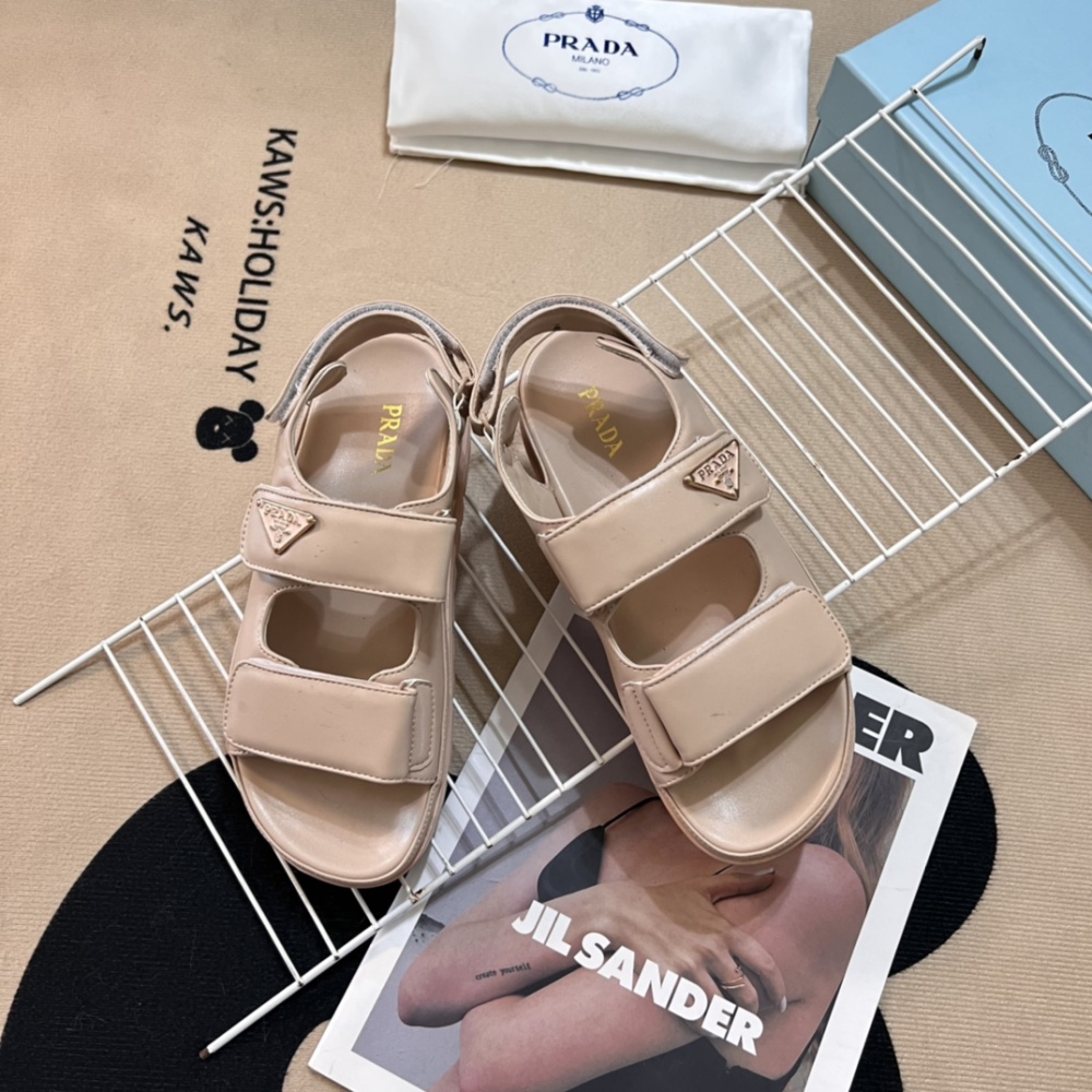 PRA 2024 Designer Women's Sandals Fashion Slides Newest Woman Sandals Leather Flat Heel Beach Shoes