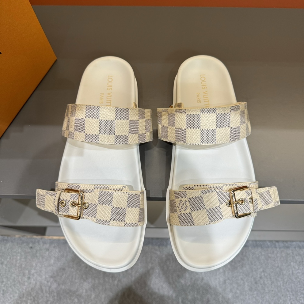 LV Designer Fashion New Style Casual Women's Slippers Leather Flat Thick Shoes Summer Beach Slippers