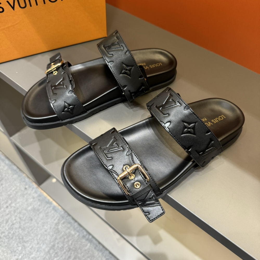 LV Designer Fashion New Style Casual Women's Slippers Leather Flat Thick Shoes Summer Beach Slippers