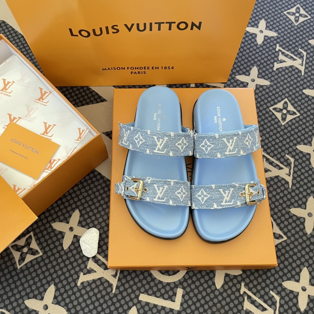LV Designer Fashion New Style Casual Women's Slippers Leather Flat Thick Shoes Summer Beach Slippers